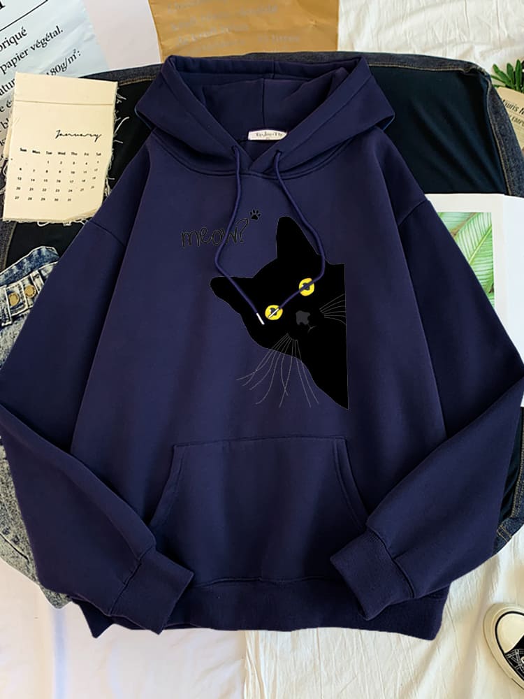 Meow Black Cat Print Hoodie