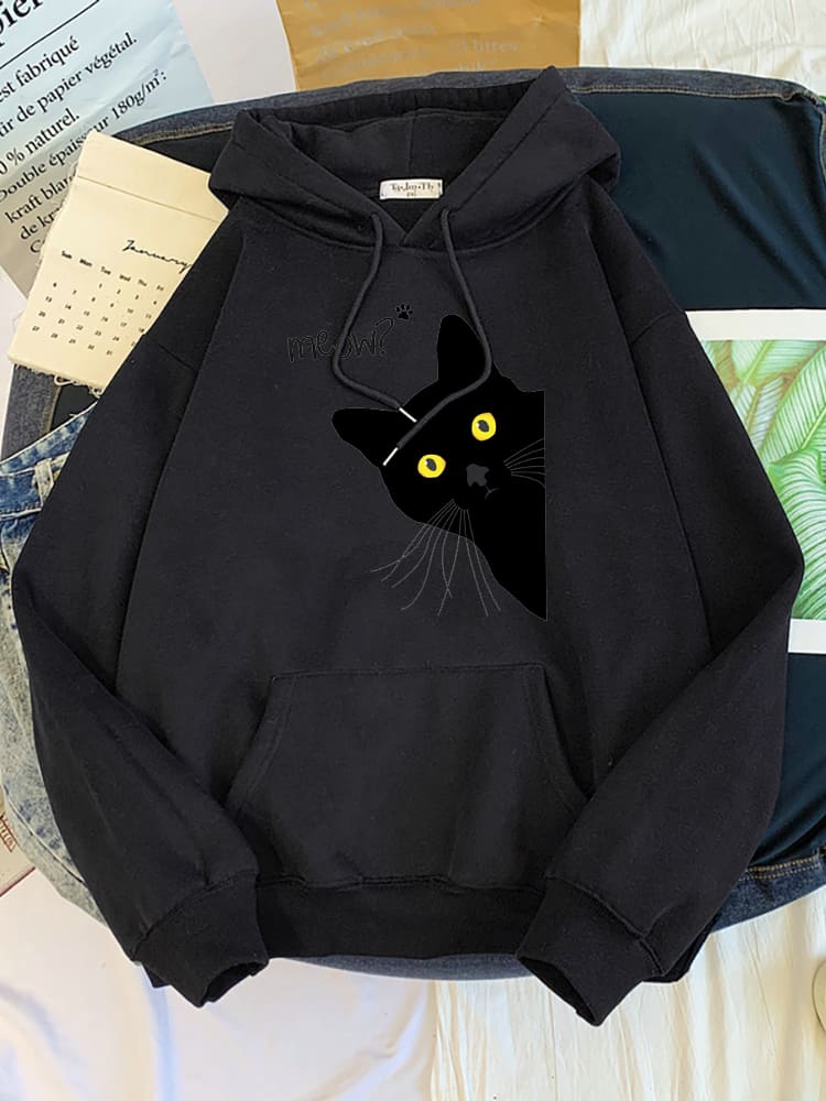 Meow Black Cat Print Hoodie
